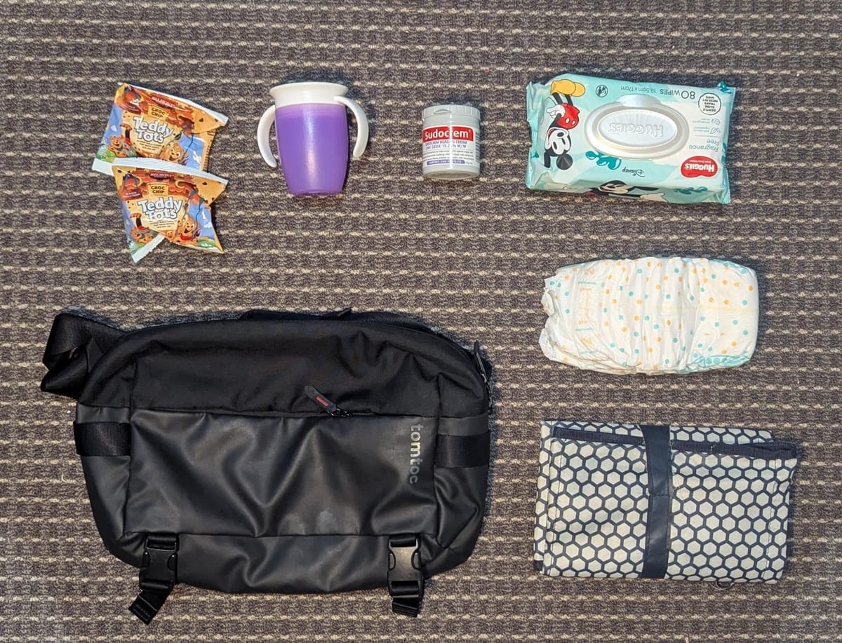 Bag, change mat, diapers, wipes, sudocream, water, biscuits